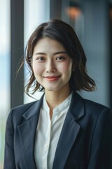 Wall Mural - A professional woman sitting for a photo shoot, dressed in a business suit and smiling