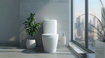 Poster - 3d rendering of toilet in bathroom with window and city view. The scene is captured from the front, focusing on the white porcelain minimalist design toilet.