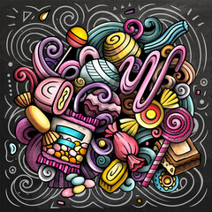 Wall Mural - Candies cartoon vector doodles illustration. Sweet food design. Confection elements and objects background. Bright colors funny picture. All items are separated