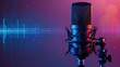 © inthasone - Professional microphone with the sound waves or waveform on color background banner, Podcast, or recording studio background, Web banner with copy space.