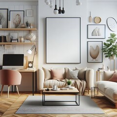 Wall Mural - A living room style interior set design with a mockup poster empty white and with a couch and a desk Vibrant engaging creative.