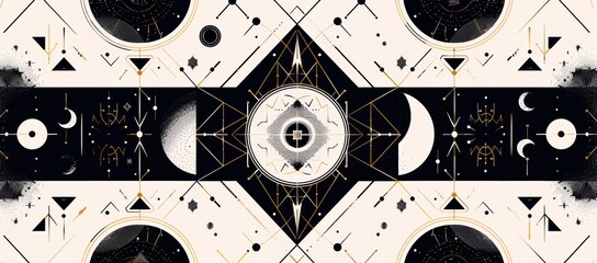 Wall Mural - Mystic poster with a geometric background, stars, and moon phases outline. Esoteric backdrop.