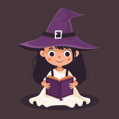 Wall Mural - The cutest little witch in a witch costume holding a magic book for Halloween
