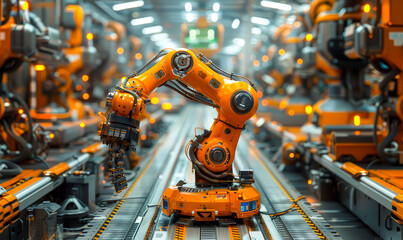 Poster - Automated Robot Arm Assembly Line in High-Tech Green Energy Electric Vehicle Manufacturing Facility: Industrial Production, Construction, Welding, Conveyors, Night Setting, Advanced Technologies
