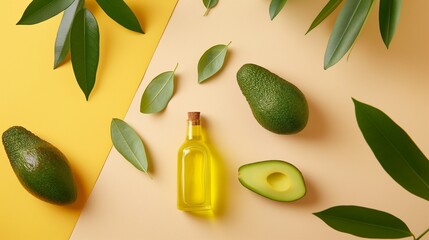 Wall Mural - Avocado with leaf and a glass bottle with avocado oil isolated on yellow background