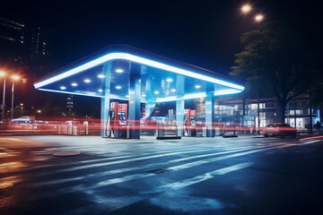 Petrol gas station with city building and neon light at night. Generative AI