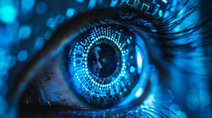 A blue eye with a glowing, digital pattern