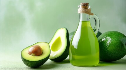 Wall Mural - Avocado with leaf and a glass bottle with avocado oil isolated on green background