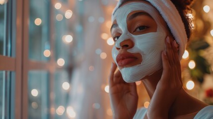 Wall Mural - Young woman applying face cream or facial mask at her face. Beauty model with perfect fresh skin. Spa and Wellness