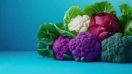 Fresh colorful vegetables including red cabbage, purple cauliflower, green broccoli and white cauliflower on blue background.