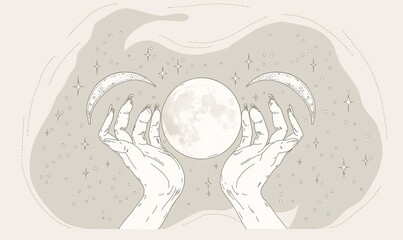 Wall Mural - Magical, esoteric magic celestial talisman depicting woman hands and moon phases. Simple linear illustration of religious object in alchemy.