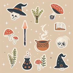 This set of witchcraft elements is part of a magic shop for witches concept and includes esoteric and mystic symbols. The illustration is designed in a cartoon style on a white background.