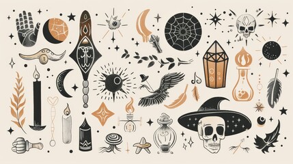 Wall Mural - Alchemy, occult tarot card magical esoteric symbols crystal, moon, star, hands modern set. Potion making for witchcraft and skull with snake.