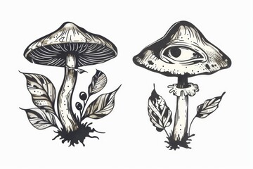 Wall Mural - Boho fungi with stars and floral elements. Witchy mystical mushroom.