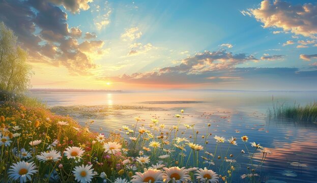 Stunning sunset landscape with a lake and wildflowers in summer spring.