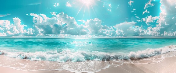 An idyllic summer beach in sunny weather with white sand, turquoise ocean water, and a blue sky with clouds framed by blue skies.