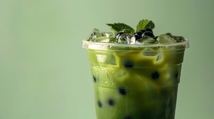 Wall Mural - Refreshing Green Beverage with Blueberries and Mint in Transparent Glass