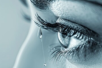 Wall Mural - The concept of a sad woman with a teardrop on her eyelashes. Closeup of the teardrop on the eyelashes. A tear runs down his cheek.