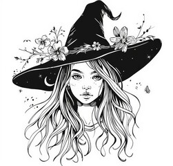 Wall Mural - Witch wearing hat with flowers in a modern illustration.