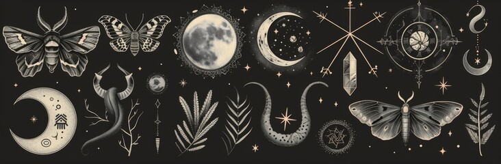 Wall Mural - A mystical night illustration showing a snake, hands, phases of the moon and sun. Sacred graphics geometry.