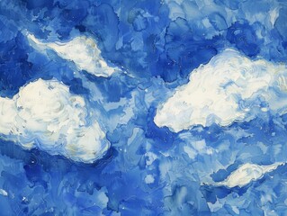 Wall Mural - An impressionist Chinese watercolor painting by Van Gogh, capturing a blue sky with three white clouds