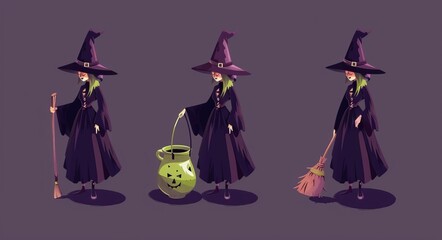 Wall Mural - Redhead witch brews potion in a cauldron as she flies on a broomstick and wears an isometric mask 3D modern illustration set