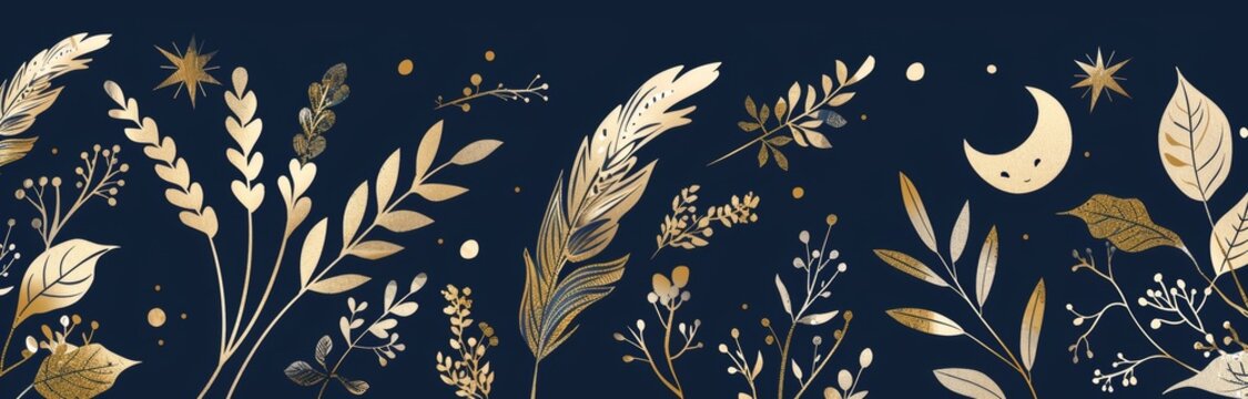 Seamless border with moon, ferns, summer grasses, golden feathers, night sky, stars. Halloween, witchcraft, astrology, mysticism. For wallpaper, fabric, wrapping, background.