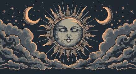 Wall Mural - Celestial design template for astrology and divination. Hand drawn sketch style sun face and crescent moon in retro esoteric style.