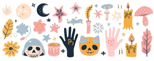 Wall Mural - Magic and witchcraft cartoon stickers. Skull, cards, cards of hands, eye, potion, hand, hand. Set of Halloween stickers.