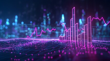 Wall Mural - A glowing bar graph rising upwards, representing an upward trend in stock market making and digitalures photo realistic, dark blue background, with purple highlights