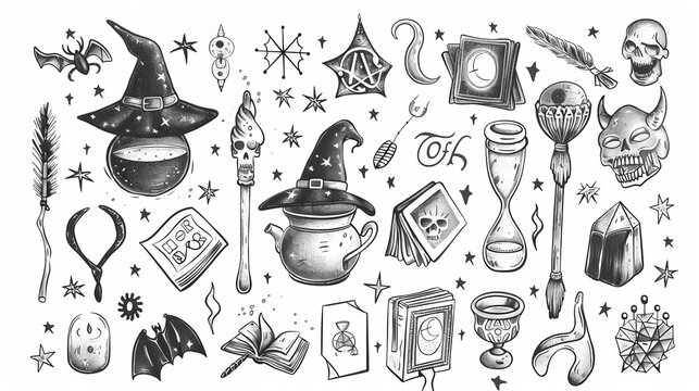 A set of hand drawn magic doodles. Featuring cauldrons, pots, hats, brooms, potions, fortune-telling cards, runes, books, power cards, magic wands and hourglasses.