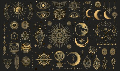 Wall Mural - Celestial symbol set with golden designs. Symbols of celestial space. Illustration of modern celestial symbols.
