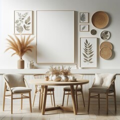 Wall Mural - A table and chairs in a Room with a template mockup poster empty white and with a picture frame image photo used for printing.