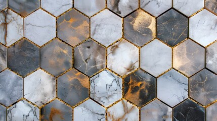A hexagonal marble tile pattern with white, grey and brown hues. The tiles have gold trim around the edges in the style of traditional designs.