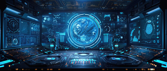 Blue advanced equipment future technology themed super computer background and interface for Generative Artificial Intelligence Room Backend Management System