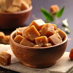 Cubes of jaggery in bowl 