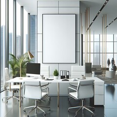 Wall Mural - A white desk with chairs and a large screen in A room style interior set design with tall windows creative Vibrant Vibrant.