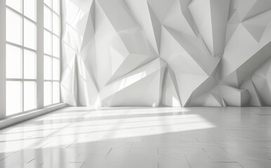 A white 3D interior with polygonal patterns on the walls is abstract and white in color