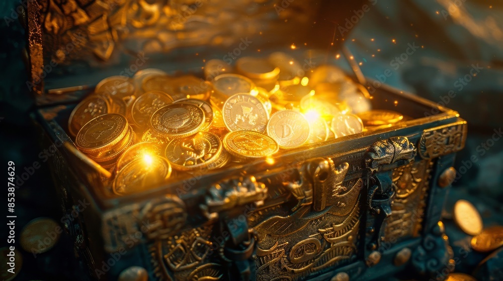 Ancient treasure chest opened, revealing countless gold coins with a ...