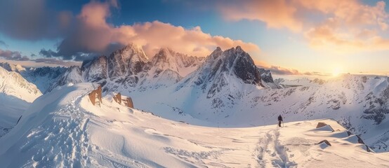 Snowy mountain range with mountaineer standing on top