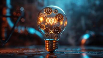 Wall Mural - Creativity and Design: A 3D vector illustration of a lightbulb with gears and cogs inside