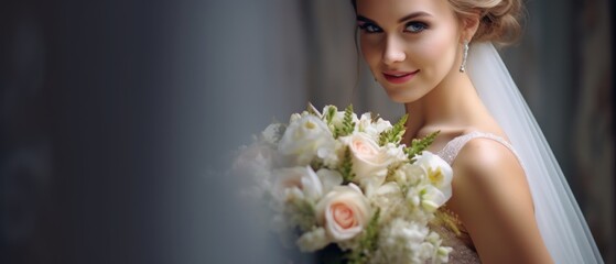 Bride with bouquet of flowers isolated on a background with copy space. wedding concept. Wedding bouquet, beautiful bride in stylish wedding dress holding bouquet of fresh flowers at wedding day.