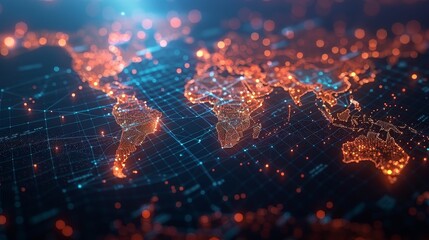 Wall Mural - Digital World Map: A 3D vector illustration of a digital world map with glowing dots representing major cities