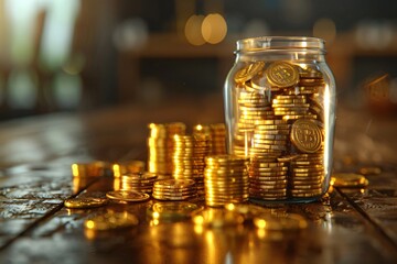 Wall Mural - Jar of gold coins on table