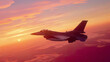 © IntelliPixelForge - Hyper-realistic image of an F-16 Falcon fighter jet flying against a sunset  detailed jet features orange and pink hues in the sky