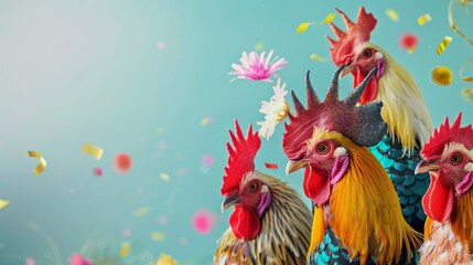 Wall Mural - Rooster bird in a group, showcasing vibrant, vibrant clothes on solid background. Birthday party invitation banner.