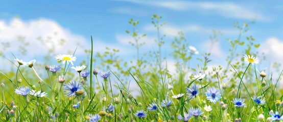 Poster - The beauty of chamomile flowers in a field and wild peas in a field against a backdrop of blue sky and clouds. A collection of splendid pastoral and airy artistic images.