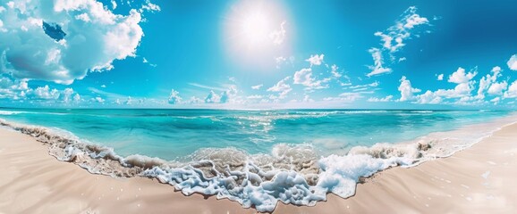 A beautiful summer day with white sand, turquoise ocean water, and a blue sky with clouds. The perfect background for summer vacations.