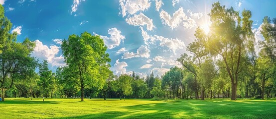 Wall Mural - Colorful summer spring landscape of trees in the park, juicy grass on the lawn and sunlight against blue sky. Wide format.