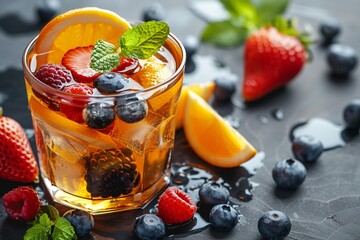 Wall Mural - Fruit tea glass, orange slice, mixed berries